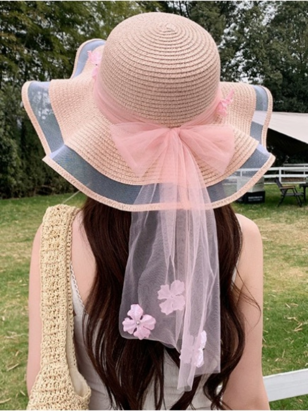 Pink Straw Sun Hat with Tulle Bow and Floral Veil